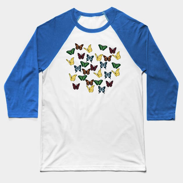 Red, Orange, Yellow, Green, and Blue Butterflies Baseball T-Shirt by courtneylgraben